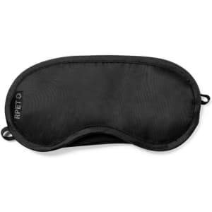 A sleep mask in black with a soft texture and a simple, sleek design. It features a logo on one side.