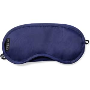 A sleep mask in navy blue featuring a smooth texture and elastic bands for a secure fit. Includes a branding logo.