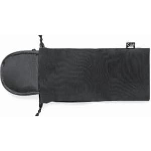A sleek black storage pouch with a drawstring closure, featuring a rounded opening and a branding label.