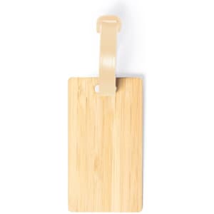 A wooden luggage tag with a beige plastic attachment. The tag is rectangular and smooth.
