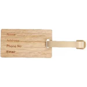 A luggage tag made from bamboo with a beige strap and writable fields for personal information.