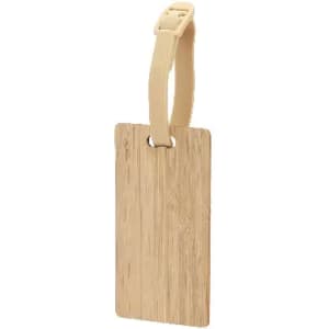 A luggage tag featuring a rectangular bamboo design with a beige strap.
