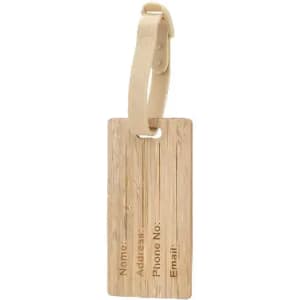 A luggage tag made of bamboo, featuring a strap and space for personal information. It has a natural wood finish.