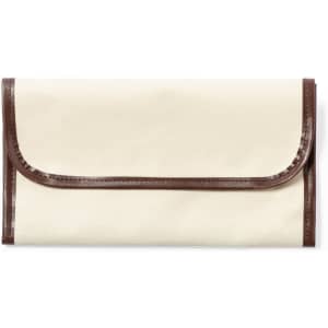 A wallet in cream and brown, featuring a sleek design with a fold-over closure and contrasting edges.