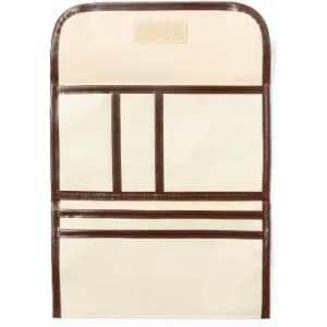 A storage organiser with cream fabric and brown leather accents, featuring multiple pockets for various items.
