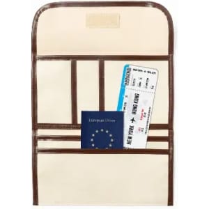 A travel organiser in cream and brown featuring pockets for tickets and a passport. It includes a logo.