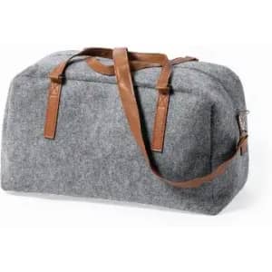 A grey felt bag with brown leather straps, featuring a spacious design and a sturdy structure.