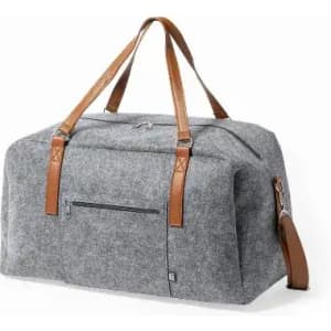 A grey fabric duffel bag with brown leather handles and a detachable shoulder strap. It features a front zip pocket.