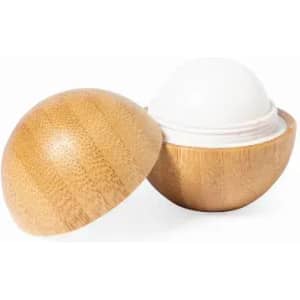 A product featuring a half-oval bamboo container with a white lid. The container has a smooth, natural finish.
