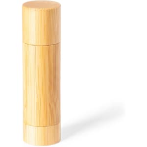 A drink bottle made of bamboo, featuring a cylindrical shape and a natural wood finish. It includes a logo.