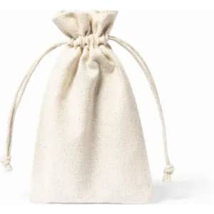 A drawstring bag in a natural beige colour, made from fabric with a textured appearance. It features a gathered top.