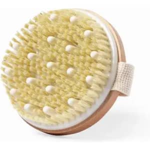 A round body brush with soft bristles and a wooden base, featuring a fabric strap for easy handling.