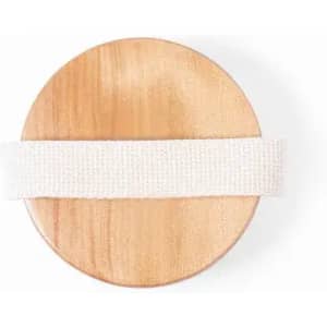 A round wooden disc with a cream-coloured fabric strap attached. It features a smooth surface and natural wood grain.