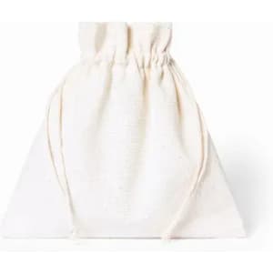 A cotton drawstring pouch in off-white, featuring a gathered top with ties. Suitable for carrying small items.