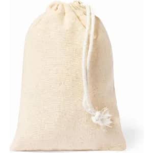 A drawstring bag made of natural, unbleached fabric with a simple, cream colour and a tied closure.