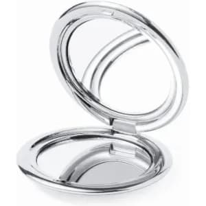 A compact mirror with a shiny silver finish, featuring two reflective surfaces inside.