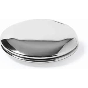A shiny metallic lid with a smooth, curved surface, featuring a slight bezel and a reflective finish.