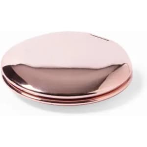 A compact mirror in a shiny rose gold finish, featuring a smooth, rounded surface and a hinge for opening.