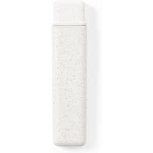 A drink bottle in a textured white finish, featuring a sleek, minimalist design. It has a branding logo on it.