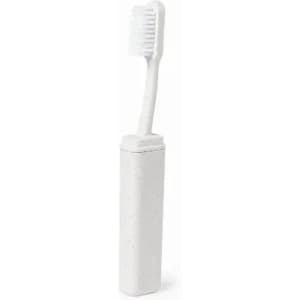 A toothbrush in a white case, featuring a soft-bristled head and a compact design for travel.