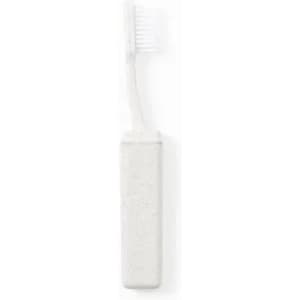 A toothbrush with a white handle and bristles, featuring a compact travel case.
