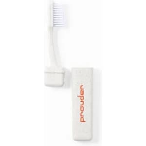 A toothbrush with a white handle and a matching case, featuring a branding logo in orange.
