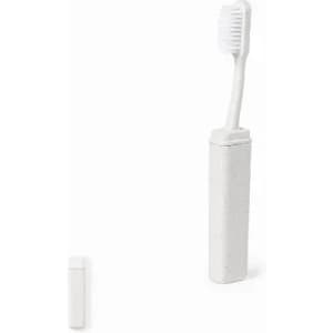 A travel toothbrush in a white case, featuring a bristle head and a slim, compact design.