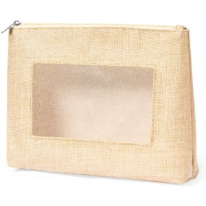 A tan zippered pouch made of burlap with a clear window on one side for visibility.