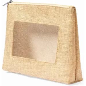 A burlap pouch with a transparent window, featuring a zip closure. The fabric is a natural beige colour.