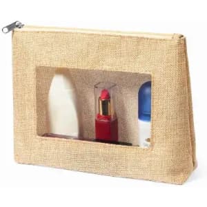 A cosmetic bag in beige fabric featuring a transparent window, containing various toiletries inside.