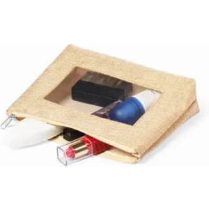 A cosmetic bag made of natural fabric, featuring a transparent window and containing various beauty products.