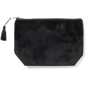 A black suede pouch with a zip closure and a decorative tassel. The pouch has an angular design.