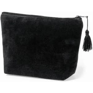 A black cosmetic pouch with a zip closure and a tassel detail. It has a soft, velvety texture.