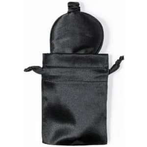A drink bottle pouch in black with a soft surface and a drawstring closure. It features a round top.