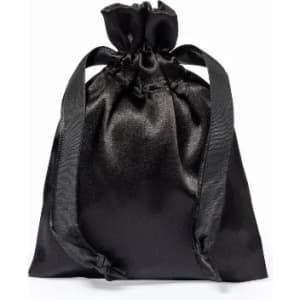 A drawstring bag in black satin material with matching straps. Features a soft, smooth texture.