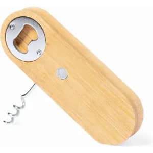 A bottle opener and corkscrew made of bamboo with a metallic cap remover. Features a sleek, natural finish.