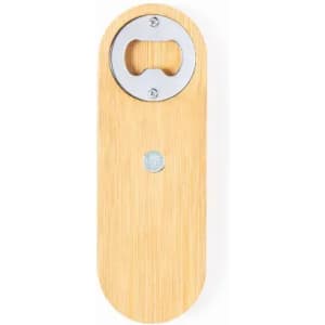 A bottle opener made of bamboo with a silver metal opener. Features a circular design and a single metallic dot.