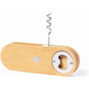 A wooden bottle opener with a corkscrew, featuring a metallic bottle cap opener and an oval shape.