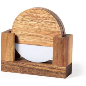 A wooden display stand with a circular, white object resting on it, featuring natural wood tones.