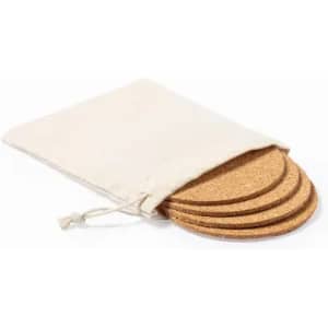 A set of cork coasters in a drawstring cotton bag, featuring a natural beige colour.