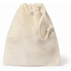 A drawstring bag in natural beige fabric, featuring a simple design without additional embellishments.