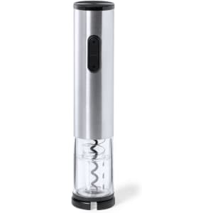 A drink bottle with a sleek silver body and a clear base featuring an integrated corkscrew mechanism.