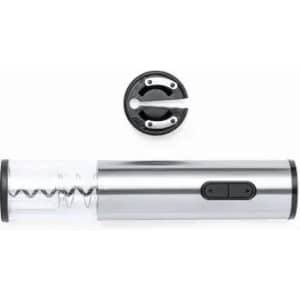 A drink bottle in silver with a transparent section and a black corkscrew attachment on top.