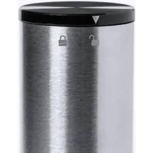 A drink bottle in stainless steel with a black lid, featuring a logo and a lock/unlock symbol.