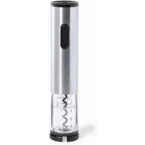 A drink bottle in silver and clear, featuring a corkscrew mechanism and a logo on the body.