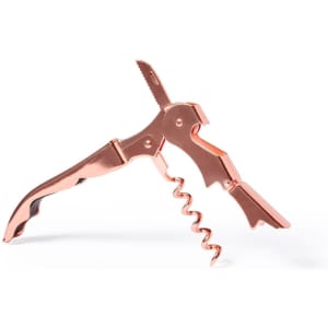 A corkscrew tool with a shiny rose gold finish, featuring a lever and a spiral corkscrew.
