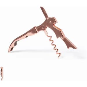 A rose gold corkscrew with a lever design, featuring a screw and a small serrated knife.