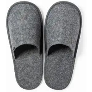 A pair of grey felt slippers with an open toe design and a soft sole.