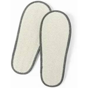 A pair of white slippers with a herringbone pattern and grey trim. The slippers are flat and comfortable in design.