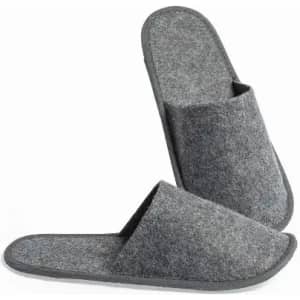 A pair of grey felt slippers with an open design and a pocket on one side.
